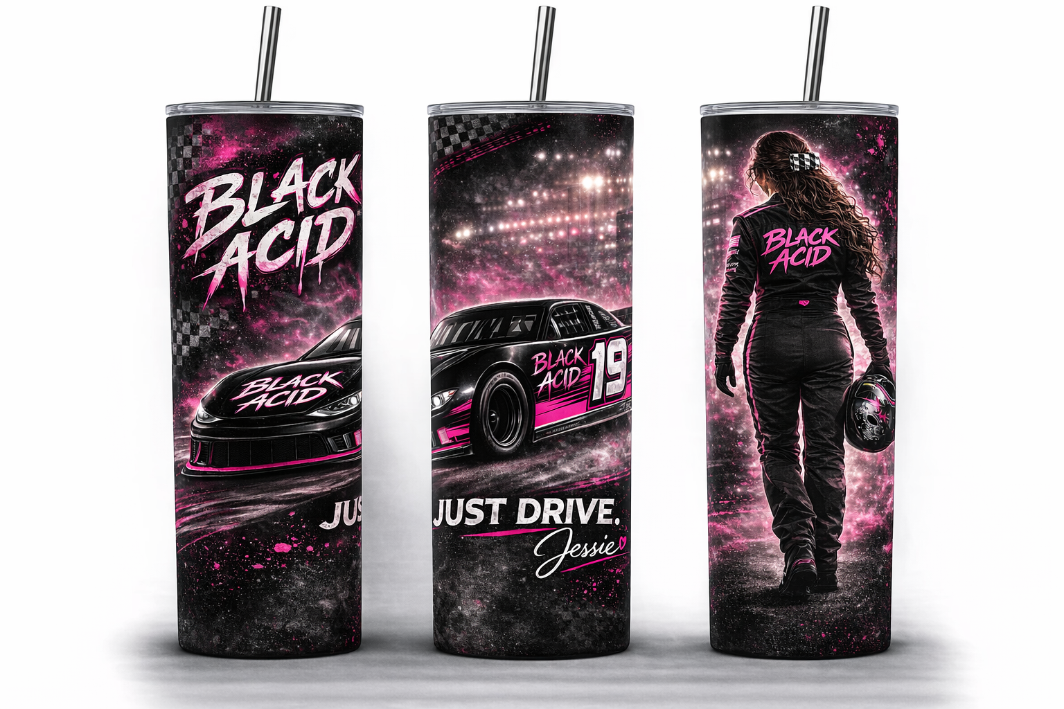 Jessica Cann “Just Drive” Tumbler | Black Acid Racing Merch – Black ...