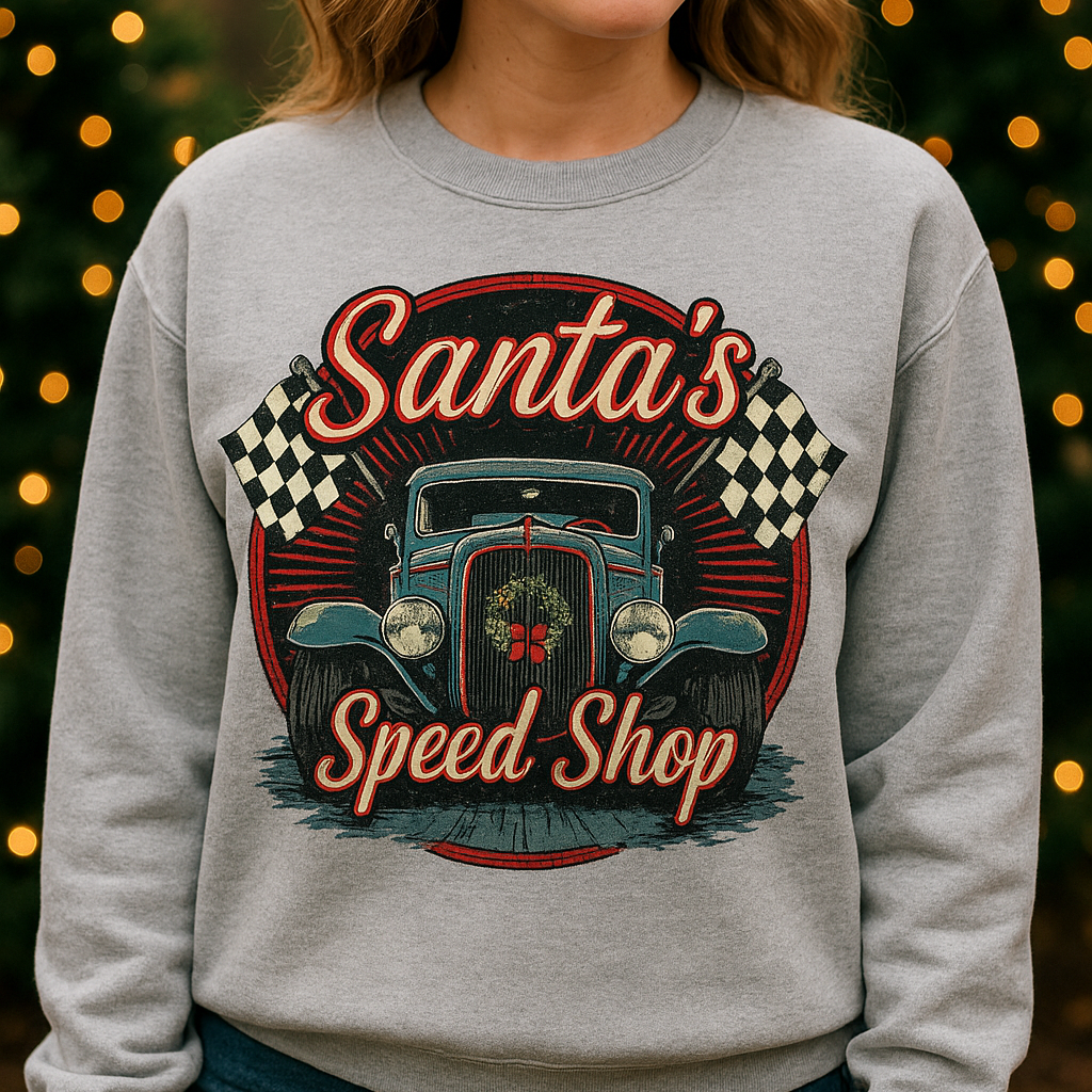 Santa’s Speed Shop – Vintage Hot Rod Christmas Crewneck