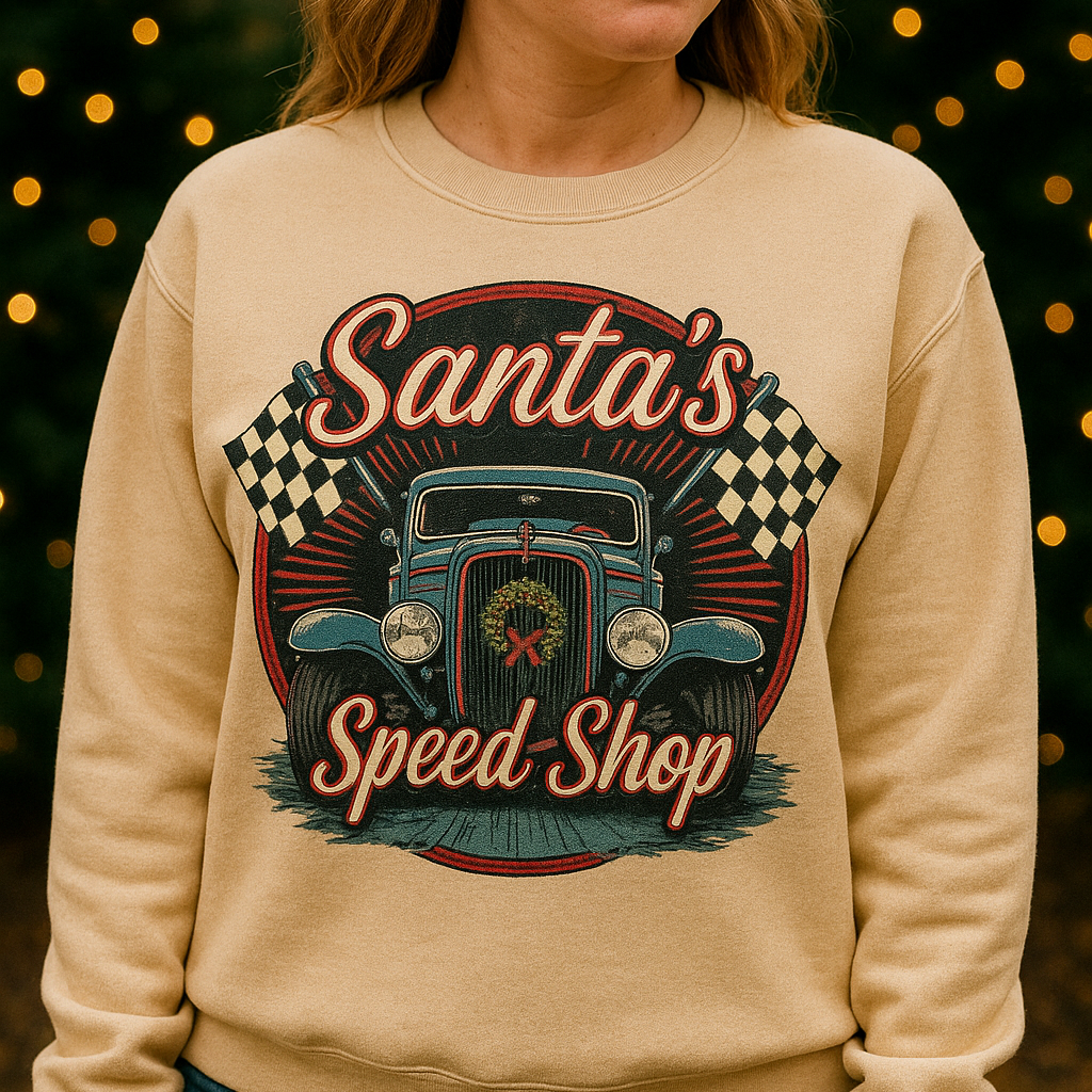 Santa’s Speed Shop – Vintage Hot Rod Christmas Crewneck