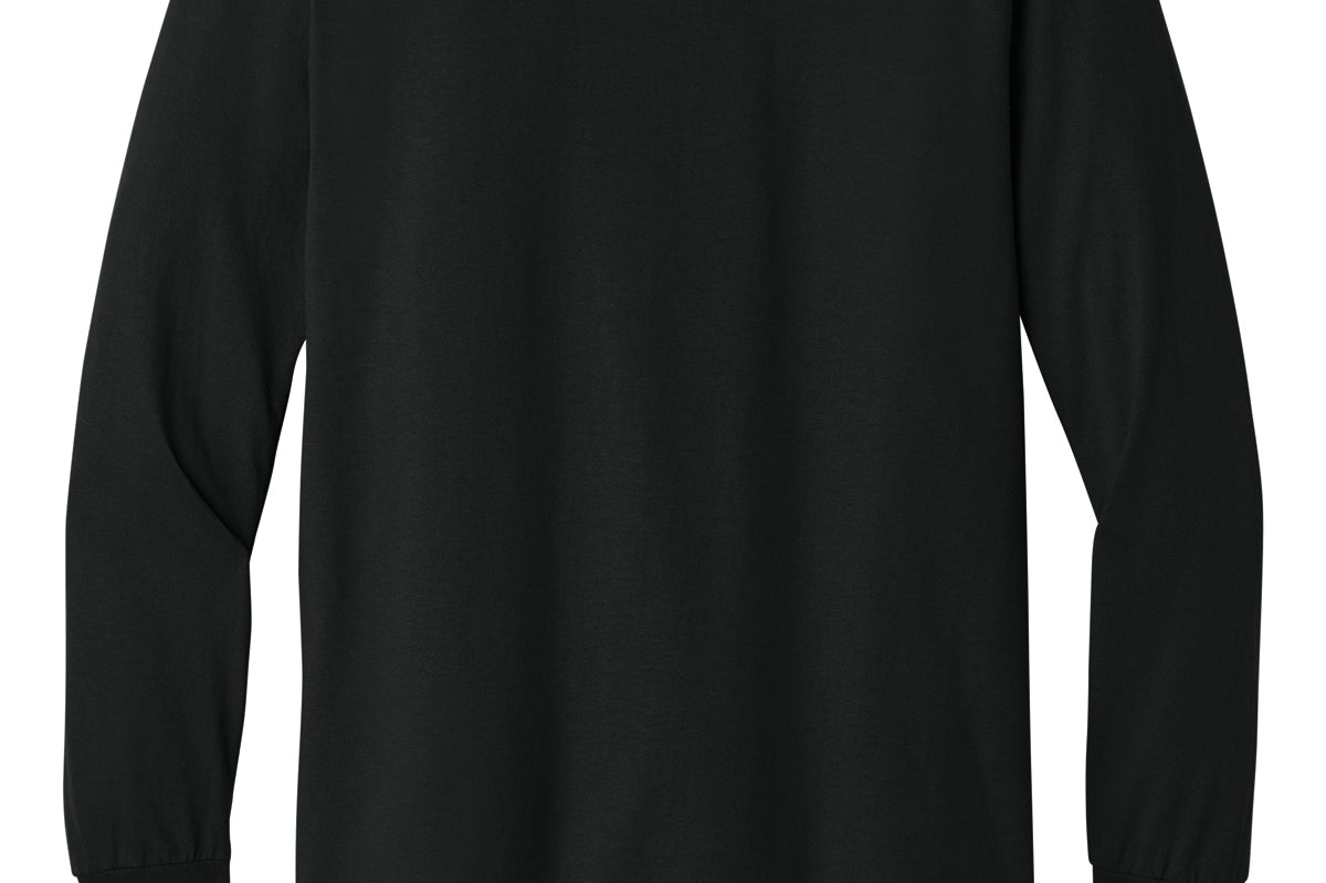 Black Gildan long-sleeve tee, back view