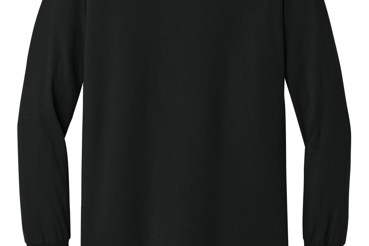 Black Gildan long-sleeve tee, front view