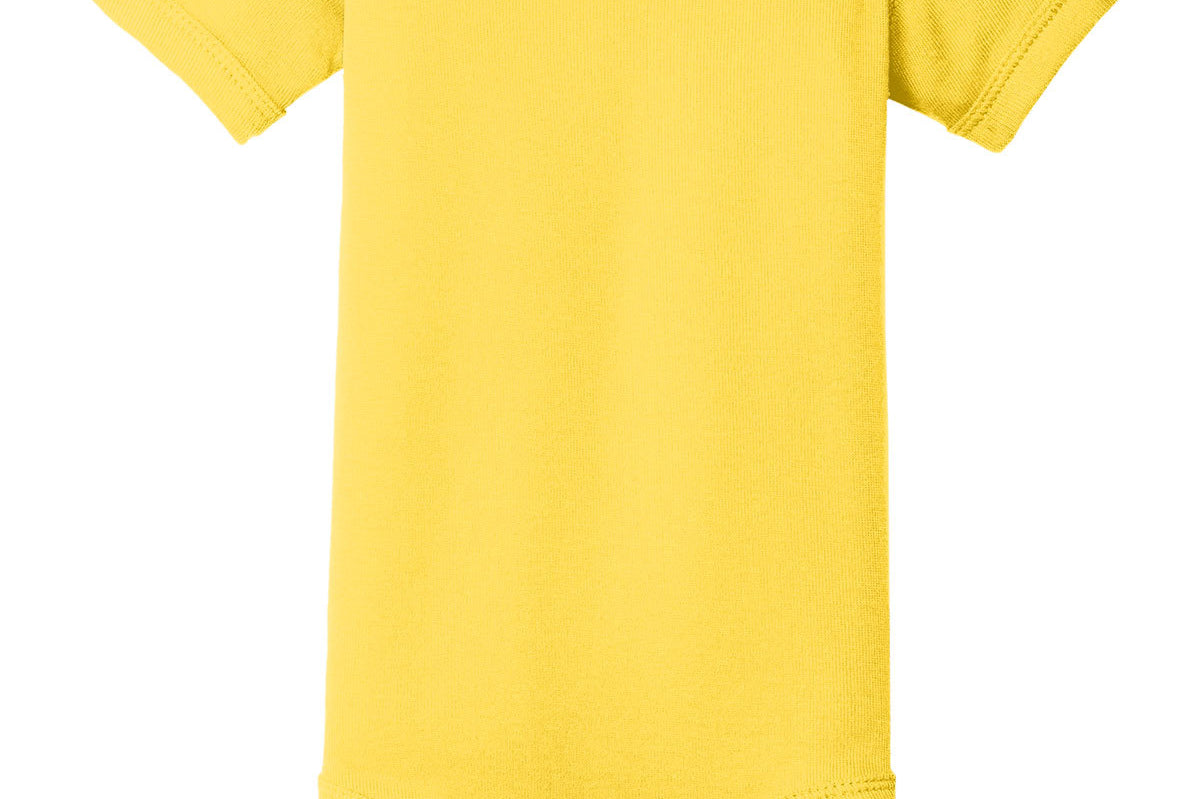 Yellow Rabbit Skins infant creeper / bodysuit, front view