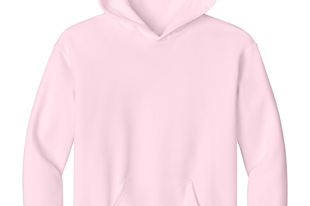 Youth pink hoodie, front view (representative image)