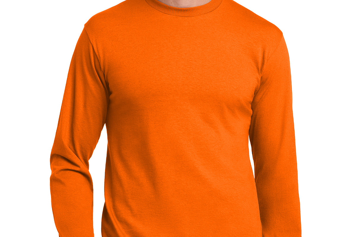 Representative safety orange blank long-sleeve T-shirt, front view