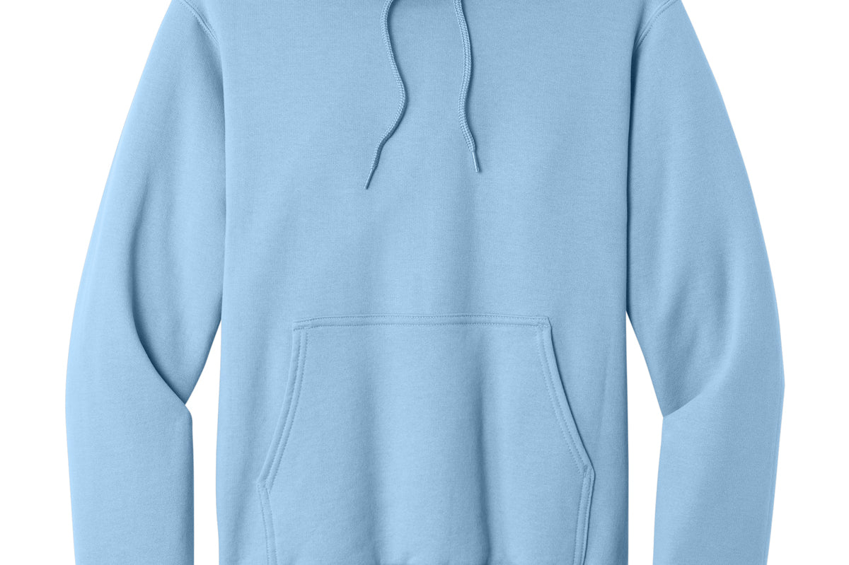 Adult light blue hoodie, front view (representative image)