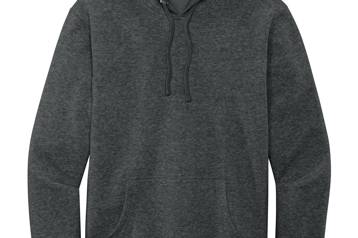 Adult dark heather grey hoodie, front view (representative image)