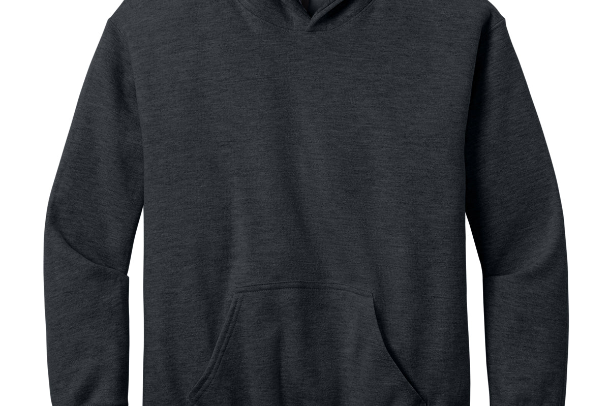 Youth dark heather grey hoodie, front view (representative image)