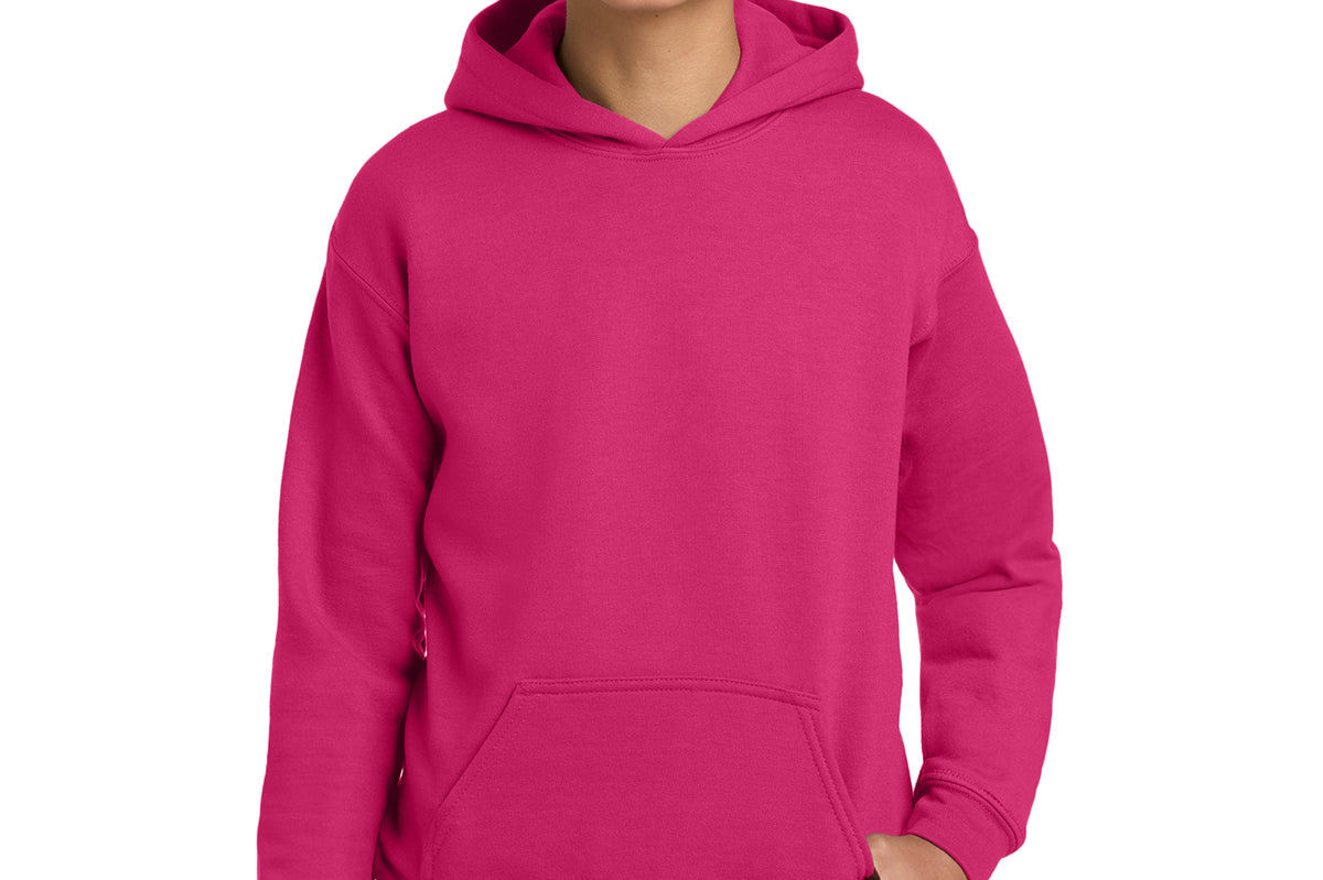 Youth dark pink hoodie, front view (representative image)