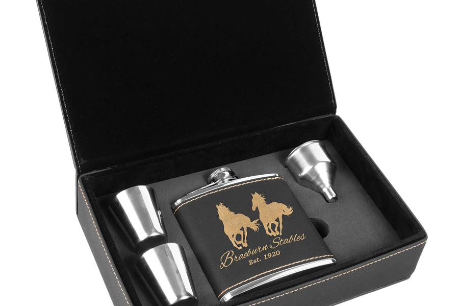 Laserable Leatherette Flask Gift Box Sets Black Acid Apparel