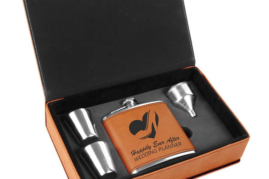 Laserable Leatherette Flask Gift Box Sets Black Acid Apparel