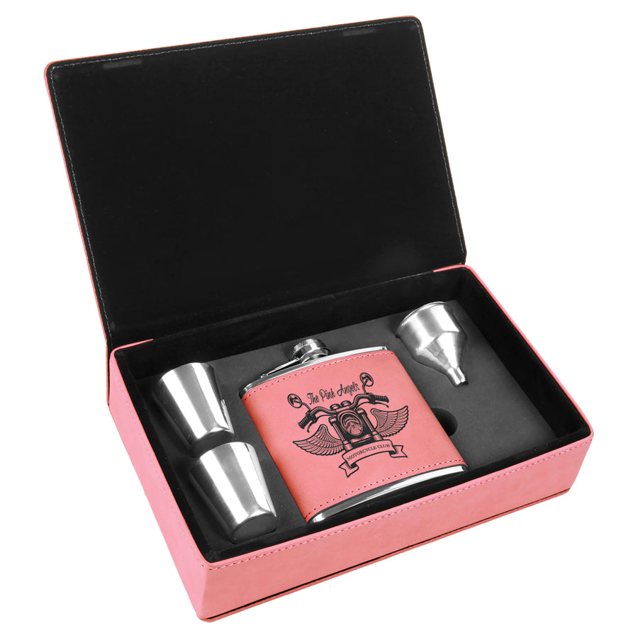 Laserable Leatherette Flask Gift Box Sets Black Acid Apparel
