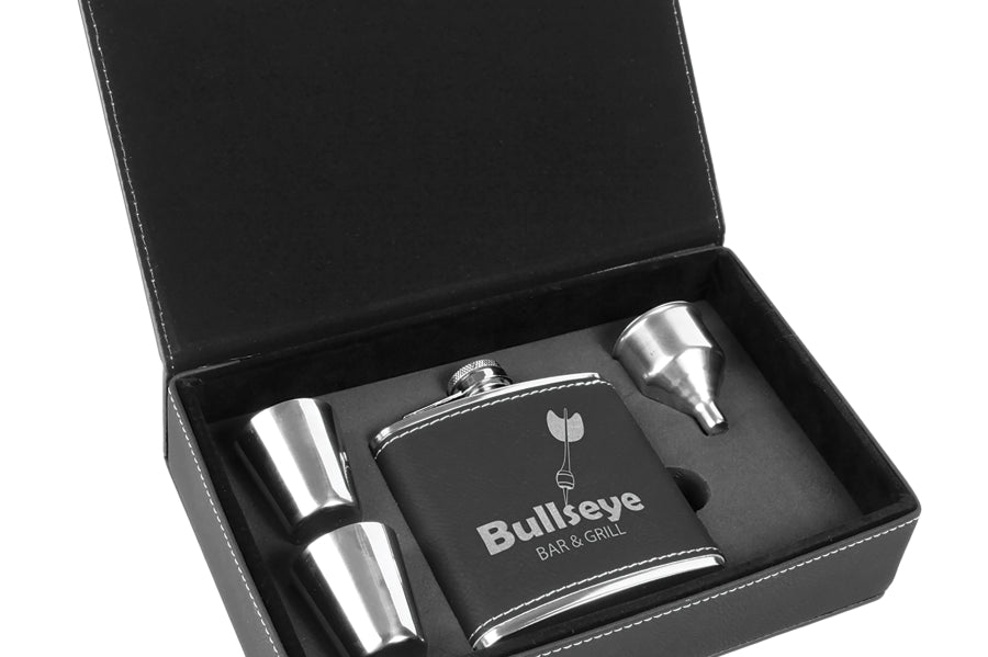 Laserable Leatherette Flask Gift Box Sets Black Acid Apparel