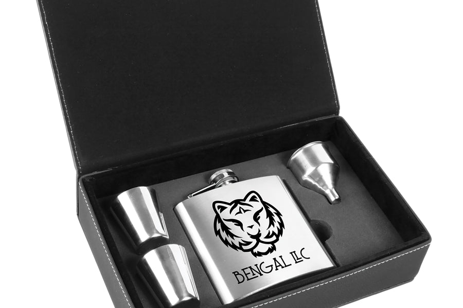 Laserable Leatherette Flask Gift Box Sets Black Acid Apparel