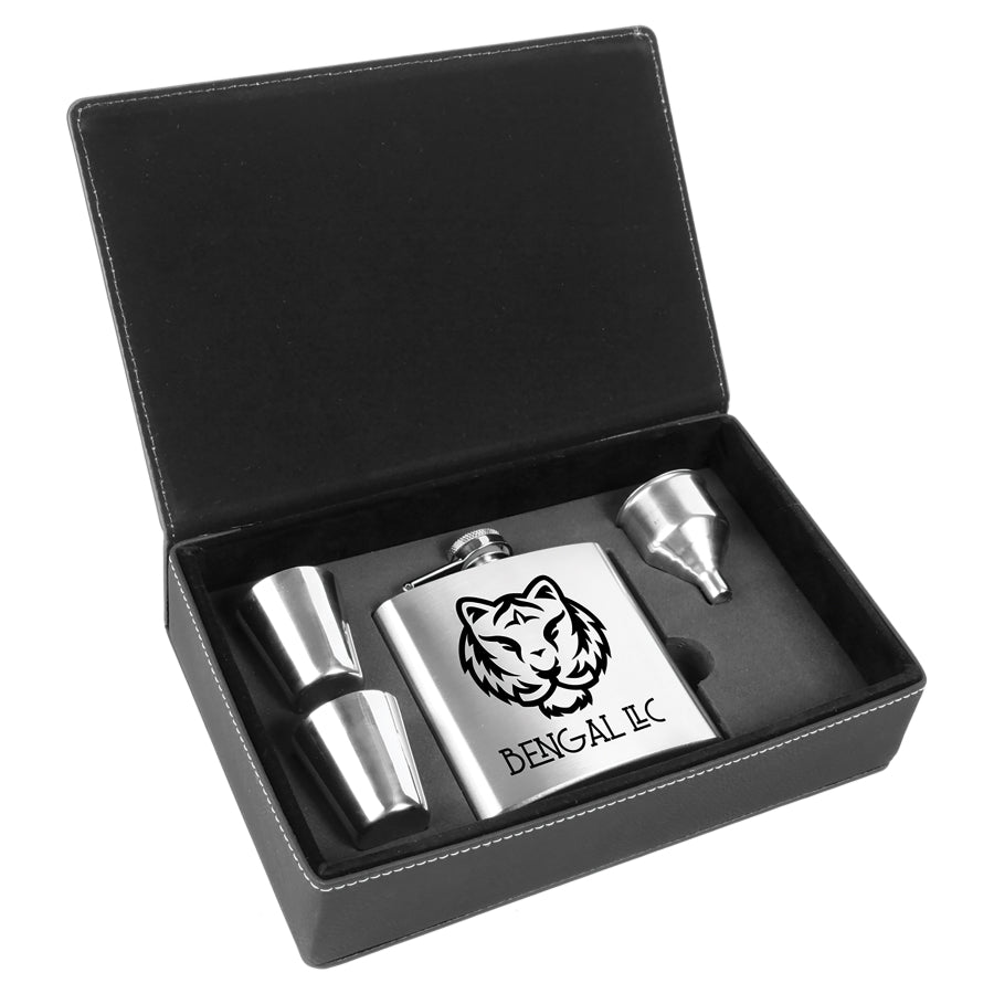 Laserable Leatherette Flask Gift Box Sets Black Acid Apparel