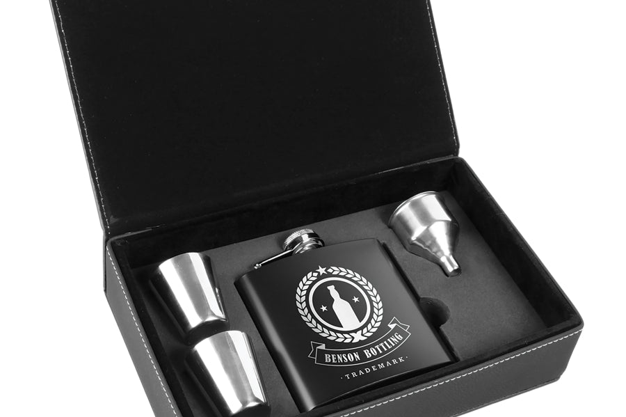 Laserable Leatherette Flask Gift Box Sets Black Acid Apparel