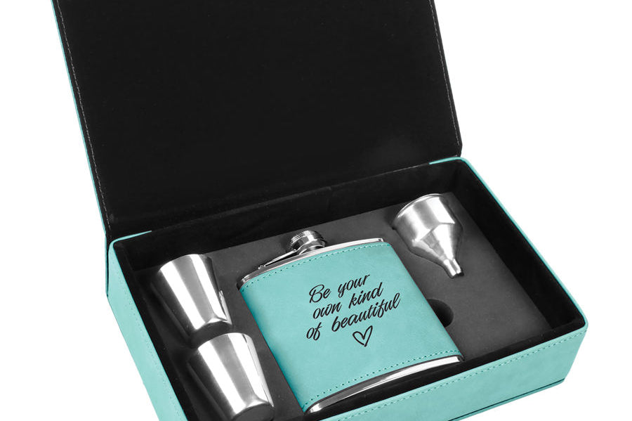 Laserable Leatherette Flask Gift Box Sets Black Acid Apparel